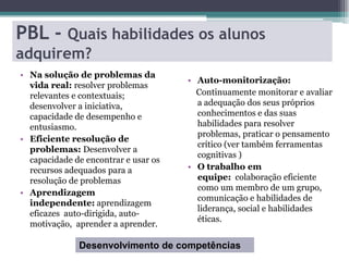 PBL - Quais habilidades os alunos
adquirem?
• Na solução de problemas da
vida real: resolver problemas
relevantes e contextuais;
desenvolver a iniciativa,
capacidade de desempenho e
entusiasmo.
• Eficiente resolução de
problemas: Desenvolver a
capacidade de encontrar e usar os
recursos adequados para a
resolução de problemas
• Aprendizagem
independente: aprendizagem
eficazes auto-dirigida, auto-
motivação, aprender a aprender.
• Auto-monitorização:
Continuamente monitorar e avaliar
a adequação dos seus próprios
conhecimentos e das suas
habilidades para resolver
problemas, praticar o pensamento
crítico (ver também ferramentas
cognitivas )
• O trabalho em
equipe: colaboração eficiente
como um membro de um grupo,
comunicação e habilidades de
liderança, social e habilidades
éticas.
Desenvolvimento de competências
 