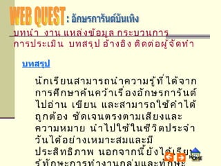 WEB QUEST : อักษรการันต์บันเทิง บทสรุป นักเรียนสามารถนำความรู้ที่ได้จากการศึกษาค้นคว้าเรื่องอักษรการันต์ไปอ่าน เขียน และสามารถใช้คำได้ถูกต้อง ชัดเจนตรงตามเสียงและความหมาย นำไปใช้ในชีวิตประจำวันได้อย่างเหมาะสมและมีประสิทธิภาพ นอกจากนี้ยังได้เรียนรู้ทักษะการทำงานกลุ่มและทักษะการสืบค้นข้อมูลด้วยตนเอง ซึ่งทำให้นักเรียนเข้าใจเนื้อหาได้เป็นอย่างดี บทนำ   งาน   แหล่งข้อมูล   กระบวนการ   การประเมิน   บทสรุป   อ้างอิง   ติดต่อผู้จัดทำ 