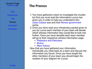 The Process You have gathered a team to investigate the murder, but first you must read the information Lucius has given you in order to help you understand who  Julius Caesar  was and how  Roman government  works. Once you have read your introductory packet given to you by Lucius each member of your team will decide which witness information they would like to look into further. Once you have decided each team member will go to their respective witness information page. Plebeians and Patricians Brutus Marc Antony Now that you have gathered your information individually you meet back as a team and discuss the information you found. Once you have taught the other members of your team you should begin the creation of your diagram for Lucius. Student Page Title Introduction Task Process Evaluation Conclusion Credits [ Teacher Page ] 