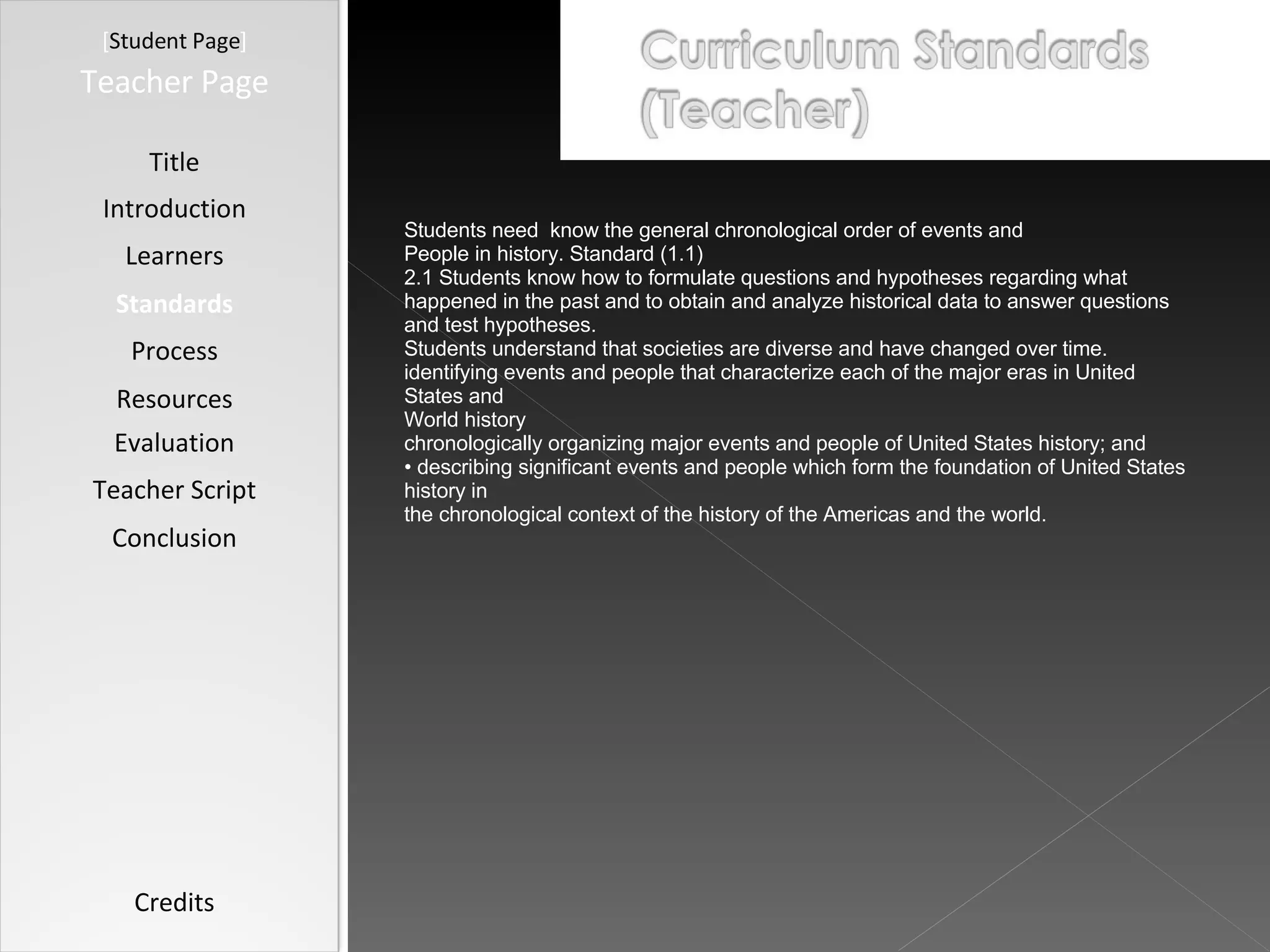 [ Student Page ] Title Introduction Learners Standards Process Resources Credits Teacher Page Students need  know the general chronological order of events and People in history. Standard (1.1) 2.1 Students know how to formulate questions and hypotheses regarding what happened in the past and to obtain and analyze historical data to answer questions and test hypotheses. Students understand that societies are diverse and have changed over time. identifying events and people that characterize each of the major eras in United States and World history chronologically organizing major events and people of United States history; and •  describing significant events and people which form the foundation of United States history in the chronological context of the history of the Americas and the world.  Evaluation Teacher Script Conclusion 