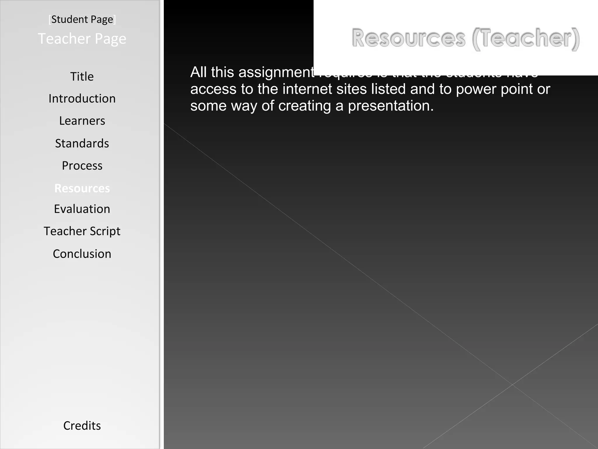 [ Student Page ] Title Introduction Learners Standards Process Resources Credits Teacher Page All this assignment requires is that the students have access to the internet sites listed and to power point or some way of creating a presentation.  Evaluation Teacher Script Conclusion 