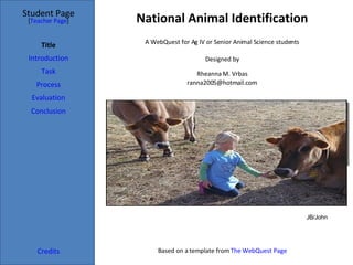 National Animal Identification Student Page Title Introduction Task Process Evaluation Conclusion Credits [ Teacher Page ] A WebQuest for Ag IV or Senior Animal Science students Designed by Rheanna M. Vrbas [email_address] Based on a template from  The WebQuest Page JB/John 