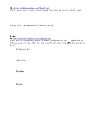 7) http://www.knightsandarmor.com/chivalry.htm
Chivalry was the code of conduct knights followed. What things did the code of chivalry state?
Was the chivalry code always followed? How can you tell?
Castles
8) http://www.medievality.com/assaulting-castle.html
Castles were the centers of trade, culture and warfare during the Middle Ages. Describe how the
following weapons worked (or how they were used). Which weapon would YOU choose to attack a
castle?
The Battering Ram:
Siege Tower:
Trebuchet:
Tunnels:
 