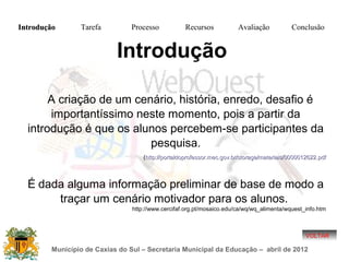 Introdução      Tarefa          Processo           Recursos            Avaliação           Conclusão


                           Introdução

     OA criação de um cenário, história, enredo, desafio é
       importantíssimo neste momento, pois a partir da
  introdução é que os alunos percebem-se participantes da
                         pesquisa.
                                    (http://portaldoprofessor.mec.gov.br/storage/materiais/0000012622.pdf



  É dada alguma informação preliminar de base de modo a
       traçar um cenário motivador para os alunos.
                                http://www.cercifaf.org.pt/mosaico.edu/ca/wq/wq_alimenta/wquest_info.htm



                                                                                                 VOLTAR

        Município de Caxias do Sul – Secretaria Municipal da Educação – abril de 2012
 