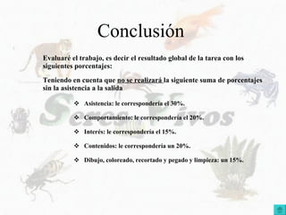 Conclusión  Evaluaré el trabajo, es decir el resultado global de la tarea con los siguientes porcentajes:  Teniendo en cuenta que  no se realizará  la siguiente suma de porcentajes sin la asistencia a la salida  Asistencia: le correspondería el 30%. Comportamiento: le correspondería el 20%.  Interés: le correspondería el 15%. Contenidos: le correspondería un 20%. Dibujo, coloreado, recortado y pegado y limpieza: un 15%. 