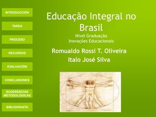 INTRODUCCIÓN
TAREA
PROCESO
RECURSOS
EVALUACIÓN
CONCLUSIONES
BIBLIOGRAFÍA
SUGERENCIAS
METODOLÓGICAS
Educação Integral no
Brasil
Nivel Graduação
Inovações Educacionais
Romualdo Rossi T. Oliveira
Italo José Silva
 
