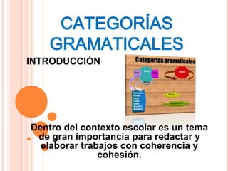 CATEGORÍAS
    GRAMATICALES
INTRODUCCIÓN




Dentro del contexto escolar es un tema
 de gran importancia para redactar y
  elaborar trabajos con coherencia y
               cohesión.
 