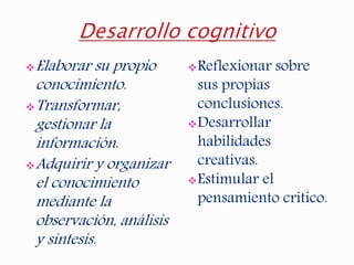 Elaborar su propio
conocimiento.
Transformar,
gestionar la
información.
Adquirir y organizar
el conocimiento
mediante la
observación, análisis
y síntesis.
Reflexionar sobre
sus propias
conclusiones.
Desarrollar
habilidades
creativas.
Estimular el
pensamiento critico.
 