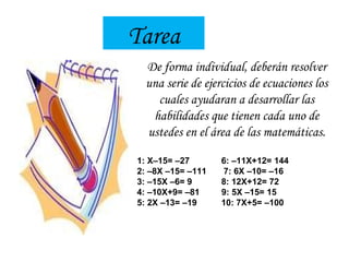 Tarea De forma individual, deberán resolver una serie de ejercicios de ecuaciones los cuales ayudaran a desarrollar las habilidades que tienen cada uno de ustedes en el área de las matemáticas. 1: X–15= –27  6: –11X+12= 144 2: –8X –15= –111  7: 6X –10= –16 3: –15X –6= 9  8: 12X+12= 72 4: –10X+9= –81  9: 5X –15= 15 5: 2X –13= –19  10: 7X+5= –100 