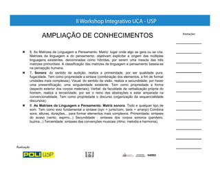 AMPLIAÇÃO DE CONHECIMENTOS

6. As Matrizes da Linguagem e Pensamento. Matriz: lugar onde algo se gera ou se cria.
Matrizes da linguagem e do pensamento: objetivam explicitar a origem das múltiplas
linguagens existentes, denominadas como híbridas, por serem uma mescla das três
matrizes primordiais: A classificação das matrizes de linguagem e pensamento baseia-se
na percepção humana.
7. Sonora: do sentido da audição, realiza a primeiridade, por ser qualidade pura,
fugacidade. Tem como propriedade a sintaxe (combinação dos elementos, a fim de formar
unidades mais complexas); Visual: do sentido da visão, realiza a secundidade, por haver
uma presentificação, uma singularidade existente. Tem como propriedade a forma
(aspecto exterior dos corpos materiais); Verbal: da faculdade de verbalização própria do
homem, realiza a terceiridade, por ser o reino das abstrações e estar amparada na
convencionalidade. Tem como propriedade o discurso (organização da sequencialidade
discursiva).
8. As Matrizes da Linguagem e Pensamento. Matriz sonora. Todo e qualquer tipo de
som. Tem como eixo fundamental a sintaxe (syn = junto/com, taxis = arranjo) Combina
sons, alturas, durações... para formar elementos mais complexos. Primeiridade: sintaxes
do acaso (vento, espirro...) Secundidade : sintaxes dos corpos sonoros (pandeiro,
buzina...) Terceiridade: sintaxes das convenções musicais (ritmo, melodia e harmonia).
 