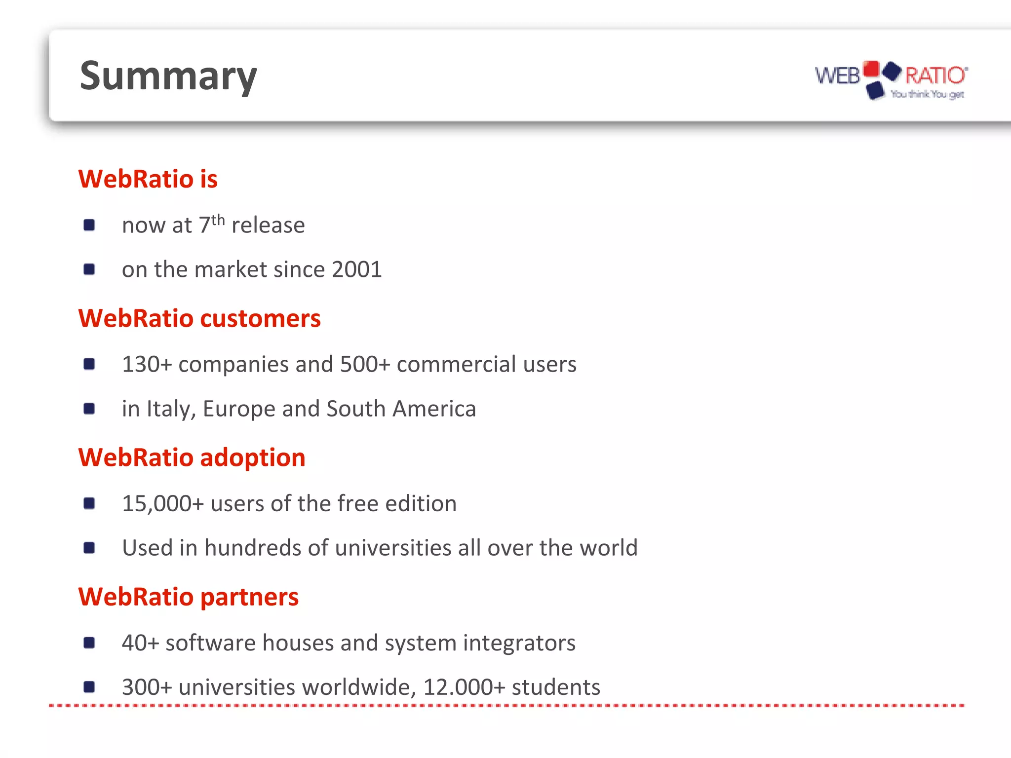Summary

WebRatio is
   now at 7th release
   on the market since 2001
WebRatio customers
   130+ companies and 500+ commercial users
   in Italy, Europe and South America
WebRatio adoption
   15,000+ users of the free edition
   Used in hundreds of universities all over the world
WebRatio partners
   40+ software houses and system integrators
   300+ universities worldwide, 12.000+ students
 