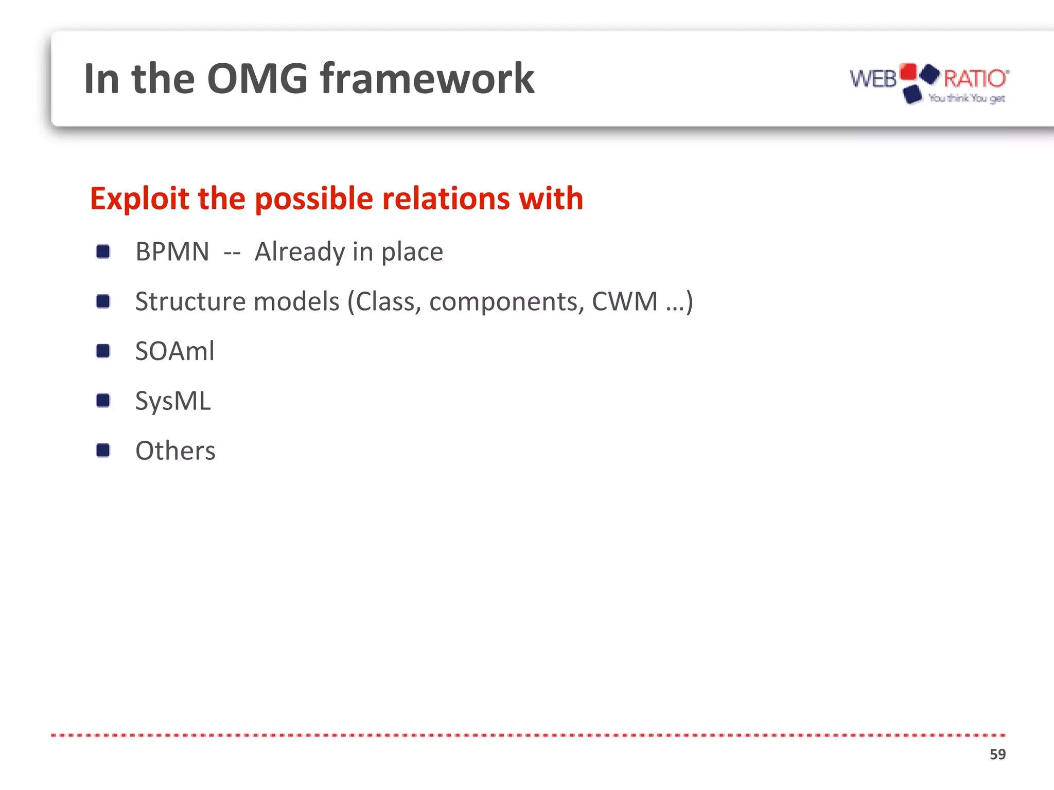 In the OMG framework

Exploit the possible relations with
   BPMN -- Already in place
   Structure models (Class, components, CWM …)
   SOAml
   SysML
   Others




                                                 59
 