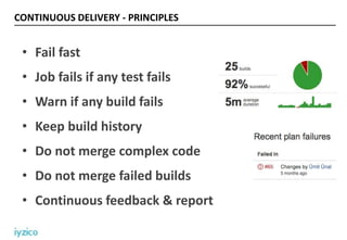 CONTINUOUS DELIVERY - PRINCIPLES
• Fail fast
• Job fails if any test fails
• Warn if any build fails
• Keep build history
• Do not merge complex code
• Do not merge failed builds
• Continuous feedback & report
 