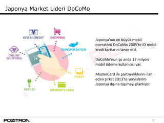 Japonya Market Lideri DoCoMo




                               Japonya’nın en büyük mobil
                               operatörü DoCoMo 2005’te iD mobil
                               kredi kartlarını lanse etti.

                               DoCoMo’nun şu anda 17 milyon
                               mobil ödeme kullanıcısı var.

                               MasterCard ile partnerliklerini ilan
                               eden şirket 2013’te servislerini
                               Japonya dışına taşımayı planlıyor.




                                                                  12
 