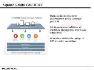 Square Rakibi CARDFREE


                         Starbucks ödeme sisteminin
                         yazılımcılarının birkaçı tarafından
                         geliştirildi.

                         Küçük mağazaların trafiklerini ve
                         müşteri ile etkileşimlerini arttırmasına
                         odaklanıyor.

                         Ödemeler mobil cihazlar, web ya da
                         POS üzerinden yapılabiliyor.




                                                                    13
 
