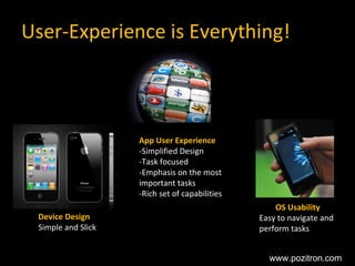 User-Experience is Everything! Device Design Simple and Slick OS Usability Easy to navigate and perform tasks App User Experience -Simplified Design - Task focused - Emphasis  on the most important tasks -Rich set of capabilities www.pozitron.com 