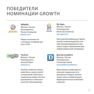 ПОБЕДИТЕЛИ
НОМИНАЦИИ GROW TH
Jelastic

My-Apps
Москва, Россия
Руководитель:
Вячеслав Семенчук
my-apps.com

Новое поколение хостинговых платформ для
Java и PHP.

Конструктор мобильных приложений, позволяющий без знаний программирования и дизайна создать приложение для
любой мобильной платформы.

YouScan
Москва, Россия
Руководитель:
Алексей Орап
youscan.ru

Доктор на работе
Москва, Россия
Руководитель:
Станислав Сажин
www.doktornarabote.ru

YouScan помогает компаниям быть в курсе жалоб
и пожеланий клиентов в
социальных медиа, быстро
реагировать и повышать
качество обслуживания.

Крупнейшая в мире русскоязычная социальная сеть
для врачей. Модель монетизации: канал коммуникации
фармацевтических компаний
и врачей.

Москва, Россия
Руководитель:
Руслан Синицкий
jelastic.com

16

 