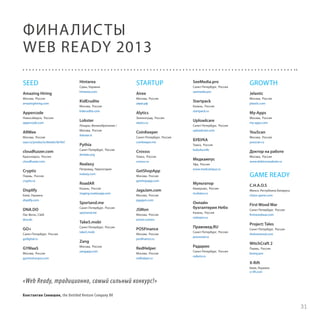 ФИНА ЛИС ТЫ
WEB READY 2013
SEED
Amazing Hiring
Москва, Россия
amazinghiring.com

Appercode
Новосибирск, Россия
appercode.com

ARMee
Москва, Россия
saas.ru/products/details/id/442

cloudfuzzer.com
Красноярск, Россия
cloudfuzzer.com

Cryptis
Пермь, Россия
cryptis.ru

Displify
Киев, Украина
displify.com

DNA.DO
Лас-Вегас, США
dna.do

GO+
Санкт-Петербург, Россия
gsdigital.ru

GYMaaS
Москва, Россия
gymtrainerpro.com

Hintarea
Сумы, Украина
hintarea.com

KidErudite
Москва, Россия
kiderudite.com

Lobster
Лондон, Великобритания /
Москва, Россия
ilobster.it

Pythia
Санкт-Петербург, Россия
dmlabs.org

Realaxy
Петровац, Черногория
realaxy.com

RoadAR
Казань, Россия
staging.roadarapp.com

Sportand.me
Санкт-Петербург, Россия
sportand.me

Take5.mobi
Санкт-Петербург, Россия
take5.mobi

Zang
Москва, Россия
zangapp.com

STARTUP
Airee
Москва, Россия
айри.рф

Alytics
Зеленоград, Россия
alytics.ru

CoinKeeper
Санкт-Петербург, Россия
coinkeeper.me

Crossss
Томск, Россия
crossss.ru

GetShopApp
Москва, Россия
getshopapp.com

JagaJam.com
Москва, Россия
jagajam.com

JSMon
Москва, Россия
jsmon.comen

POSFinance
Москва, Россия
posfinance.ru

RedHelper
Москва, Россия
redhelper.ru

SeeMedia.pro
Санкт-Петербург, Россия
seemedia.pro

Startpack
Казань, Россия
startpack.ru

Uploadcare
Санкт-Петербург, Россия
uploadcare.com

БУБУКА
Томск, Россия
bubuka.info

Медкампус
Уфа, Россия
www.medcampus.ru

Мультатор
Кемерово, Россия
multator.ru

Онлайн
бухгалтерия Небо
Казань, Россия
nebopro.ru

Правовед.RU
Санкт-Петербург, Россия
pravoved.ru

Радарио
Санкт-Петербург, Россия
radario.ru

GROWTH
Jelastic
Москва, Россия
jelastic.com

My-Apps
Москва, Россия
my-apps.com

YouScan
Москва, Россия
youscan.ru

Доктор на работе
Москва, Россия
www.doktornarabote.ru

GAME READY
C.H.A.O.S
Минск, Республика Беларусь
chaos-game.com

First Wood War
Санкт-Петербург, Россия
firstwoodwar.com

Project: Tales
Санкт-Петербург, Россия
thelostwood.com

WitchCraft 2
Пермь, Россия
brainy.pro

X-Rift
Киев, Украина
x-rift.com

«Web Ready, традиционно, самый сильный конкурс!»
Константин Синюшин, the Untitled Venture Company BV

31

 