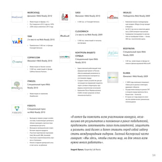 МОЙСКЛАД
финалист Web Ready 2010

SAEX
Финалист Web Ready 2010

INSALES
Победитель Web Ready 2009

•	 Инвестиции от фирмы «1С»

•	 $ 500 тыс. от Foresight Ventures

•	 Компания вошла в международный холдинг Allegro Group (входит
в Naspers)

•	 Рост выручки в 2012 году на 150%
•	 2200 новых клиентов в 2012 году

YAM
2-е место на Web Ready 2010

CLOUDMACH
2-е место на Web Ready 2009
•	 $ 500 тыс. инвестиций от нескольких фондов

•	 Привлечены $ 500 тыс. от фонда
Foresight Ventures

COPINY.COM
Финалист Web Ready 2010
•	 Инвестиции от бизнес-ангела
•	 $ 500 тыс. инвестиций от фонда
Softline Venture Partners

ITMOZG
Специальный приз Web
Ready 2010
•	 Инвестиции от компании
HeadHunter

КОНТРОЛЬ ВАШЕГО
СЕРДЦА
Специальный приз Web
Ready 2010
•	 Единственный работающий телемедицинский проект в России,
обеспечивающий возможность
самостоятельного контроля за
состоянием сердца
•	 Создано новое устройство для регистрации исследований пациента
через сотовых операторов, проведены клинические испытания
•	 Компания Пегас Фармасьютикал
(США) готовит решение на базе
технологии kardi.ru

•	 За 2012 год число клиентов удвоилось (2500 интернет-магазинов)
•	 Суммарная посещаемость магазинов на платформе InSales — более
300 тыс. посетителей в день

BODYNOVA
Специальный приз Web
Ready 2009
•	 $ 60 тыс. инвестиции от фонда посевного финансирования Microsoft

ELAMA
Финалист Web Ready 2009
•	 С 2009 года компания опережает
темпы роста рынка и ежегодно
удваивает обороты
•	 Осуществлен выход на рынок СНГ
и открыто представительство в
Казахстане – eLama.kz
•	 В 3 раза за 3 года выросло количество ежемесячных уникальных
плательщиков

FIDESYS
Специальный приз
на Web Ready 2010
•	 Выпущена первая в мире онлайн
система, позволяющая целиком в
облаке проводить прочностные
инженерные расчеты
•	 Выпущена промышленная «коробочная» версия продукта
•	 Участник партнерских программ
Intel, Microsoft, IBM, Autodesk
•	 Участник и грантополучатель проекта «Сколково»
•	 Начато создание дилерской сети,
в том числе, за рубежом

«Я хотел бы пожелать всем участникам конкурса, независимо от результатов и положения в ранге победителей,
продолжить завоевывать своих пользователей, защитить
и развить свой бизнес и далее ставить перед собой задачу
стать международным лидером. Евгений Касперский часто
говорит: «Мы здесь, чтобы спасти мир, но для этого всем
нужно много работать».
Андрей Ярных, Kaspersky Lab Russia

34

 