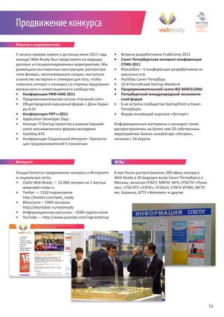 Продвижение конкурса
Участие в мероприятиях

С начала приема заявок и до конца июня 2011 года    •   Встреча разработчиков CodeCamp 2011
конкурс Web Ready был представлен на ведущих        •   Санкт-Петербургская интернет-конференция
деловых и специализированных мероприятиях. Мы           СПИК-2011
размещали выставочные конструкции, распростра-      •   #SocialDev – V конференция разработчиков со-
няли флаеры, организовывали секции, выступали           циальных игр
в качестве экспертов и спикеров для того, чтобы     •   HackDay Санкт-Петербург
повысить интерес к конкурсу со стороны предприни-   •   10-й Российский Startup Weekend
мательского и инвестиционного сообщества.           •   Предпринимательский салон BIZ BARCELONA
• Конференция РИФ+КИБ 2011                          •   Петербургский международный экономиче-
• Предпринимательская сессия «Начинай.com»              ский форум
• Общегородской карьерный форум « День Карье-       •   6-ая встреча сообщества StartupPoint в Санкт-
    ры 6.0»                                             Петербурге
• Конференция РИТ++2011                             •   Форум инноваций журнала «Эксперт»
• Application Developer Days
• Конкурс IT-Startup проектов в рамках Евразий-     Информационные материалы о конкурсе также
    ского экономического форума молодежи            распространялись на более чем 20 собственных
• HackDay #14                                       мероприятиях бизнес-инкубатора «Ингрия»,
• Конференция Социальный Интернет: Презента-        начиная с 20 апреля.
    ция предпринимателей 5 поколения



Интернет                                            ВУЗы

Осуществляется продвижение конкурса в Интернете     В мае были распространены 200 афиш конкурса
и социальных сетях:                                 Web Ready в 20 ведущих вузах Санкт-Петербурга и
•	 Сайт	Web	Ready — 12 000 человек за 2 месяца      Москвы, включая СПБГУ, МФТИ, МГУ, СПБГПУ «Поли-
    www.web-ready.ru                                тех», СПБГЭТУ «ЛЭТИ», ГУ-ВШЭ, СПБГУ ИТМО, МГТУ
• Twitter — 1350 подписчиков                        им. Баумана, БГТУ «Военмех» и другие.
    http://twitter.com/web_ready                    Организация мероприятий
• ВКонтакте – 1444 человека
    http://vkontakte.ru/webready
• Информационная рассылка – 2500 подписчиков
• YouTube — http://www.youtube.com/ingriastartup




                                                                                                        11
 