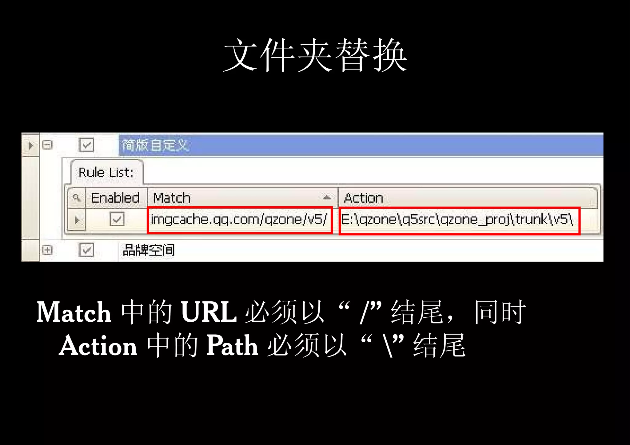 文件夹替换 Match 中的 URL 必须以“ / ” 结尾，同时 Action 中的 Path 必须以“ \ ” 结尾 