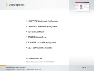 LAMPERTZ Mediensafe Konfigurator LAMPERTZ Modulsafe Konfigurator VETTER Kranfinder SÄLZER Schalterfinder SCHÄFER Lochblech Konfigurator EJOT Schrauben Konfigurator zur Präsentation >> Online bei Slideshare oder anfordern unter 0 27 1/89 05 413 KONFIGURATOREN 