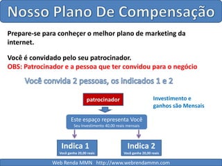 Nosso Plano De CompensaçãoPrepare-se para conheçer o melhor plano de marketing da internet.Você é convidado pelo seu patrocinador.OBS: Patrocinador e a pessoa que ter convidou para o negócioVocê convida 2 pessoas, os indicados 1 e 2patrocinadorInvestimento e ganhos são MensaisEste espaço representa VocêSeu Investimento 40,00 reais mensais Indica 1Você ganha 20,00 reaisIndica 2Você ganha 20,00 reaisWeb Renda MMN   http://www.webrendammn.com
