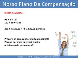Nosso Plano De CompensaçãoRENDA RESIDUAL:96 X 2 = 192192 + 189 = 381381 X R$ 20,00 = R$ 7.620.00 por mês.Prepare-se para ganhar muito dinheiro!!!Porque por mais que você queira o sistema não para nunca!!!Web Renda MMN   http://www.webrendammn.com