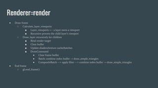 Renderer::render
● Draw frame
○ Calculate_layer_viewports
■ Layer_viewports ←- a layer owns a viewport
■ Recursive process the child layer’s viewport
○ Draw_layer recursively for children
■ Bind render target
■ Clear buffer
■ Update shaders/texture cache/batches
■ DrawCommand
● Clear frame buffer
● Batch: combine index buffer → draw_simple_triangles
● CompositeBatch ---> apply filter ---> combine index buffer → draw_simple_triangles
● End frame
○ gl::end_frame()
 