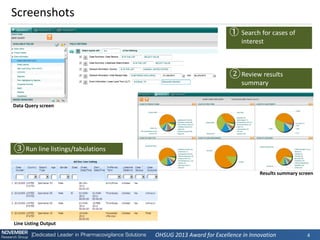 OHSUG 2013 Award for Excellence in Innovation 
4 
Screenshots 
Data Query screen 
Results summary screen 
Line Listing Output 
①Search for cases of interest 
②Review results summary 
③Run line listings/tabulations  