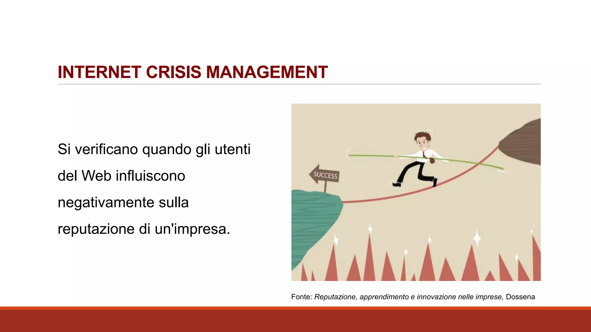 INTERNET CRISIS MANAGEMENT
Si verificano quando gli utenti
del Web influiscono
negativamente sulla
reputazione di un'impresa.
Fonte: Reputazione, apprendimento e innovazione nelle imprese, Dossena
 