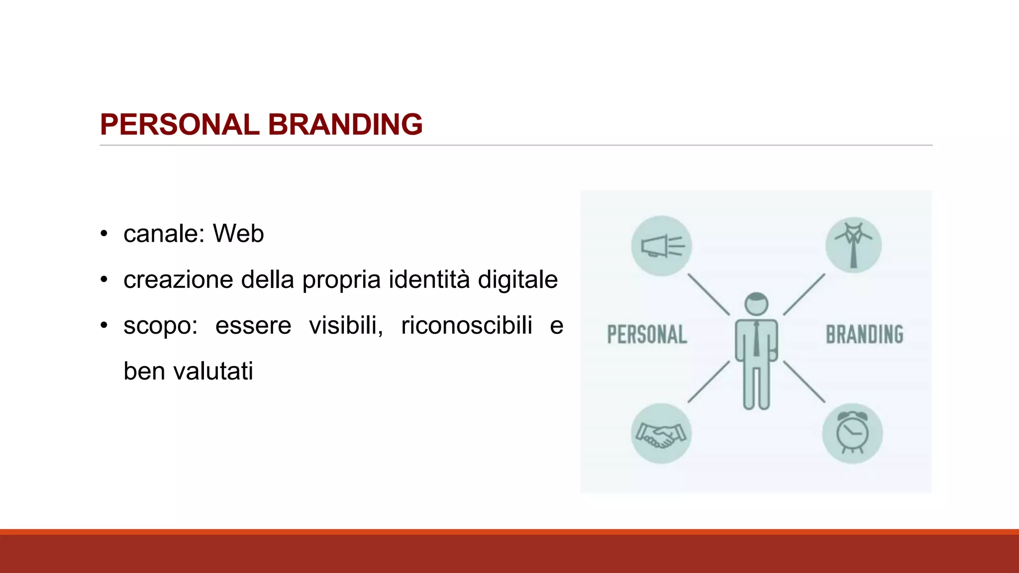 PERSONAL BRANDING
• canale: Web
• creazione della propria identità digitale
• scopo: essere visibili, riconoscibili e
ben valutati
 