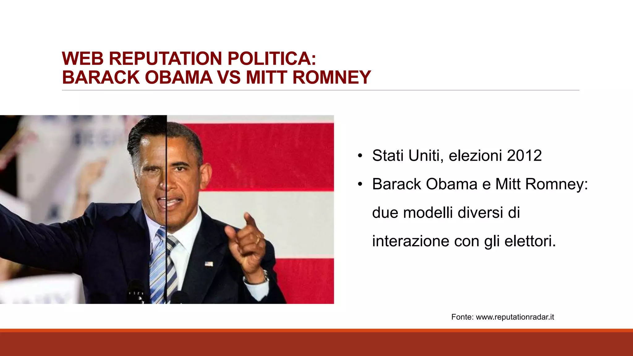 WEB REPUTATION POLITICA:
BARACK OBAMA VS MITT ROMNEY
• Stati Uniti, elezioni 2012
• Barack Obama e Mitt Romney:
due modelli diversi di
interazione con gli elettori.
Fonte: www.reputationradar.it
 