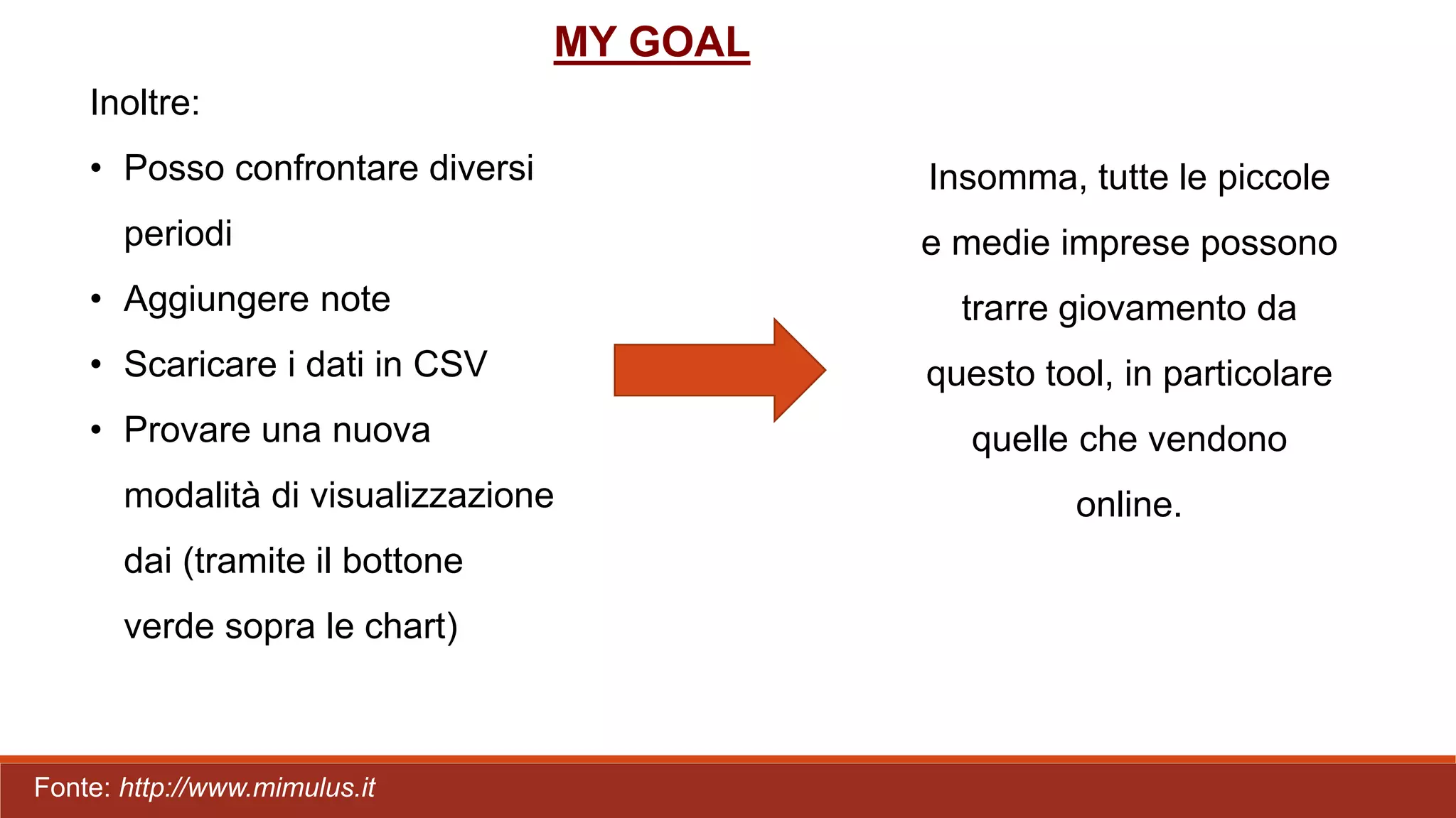 Inoltre:
• Posso confrontare diversi
periodi
• Aggiungere note
• Scaricare i dati in CSV
• Provare una nuova
modalità di visualizzazione
dai (tramite il bottone
verde sopra le chart)
Insomma, tutte le piccole
e medie imprese possono
trarre giovamento da
questo tool, in particolare
quelle che vendono
online.
MY GOAL
Fonte: http://www.mimulus.it
 
