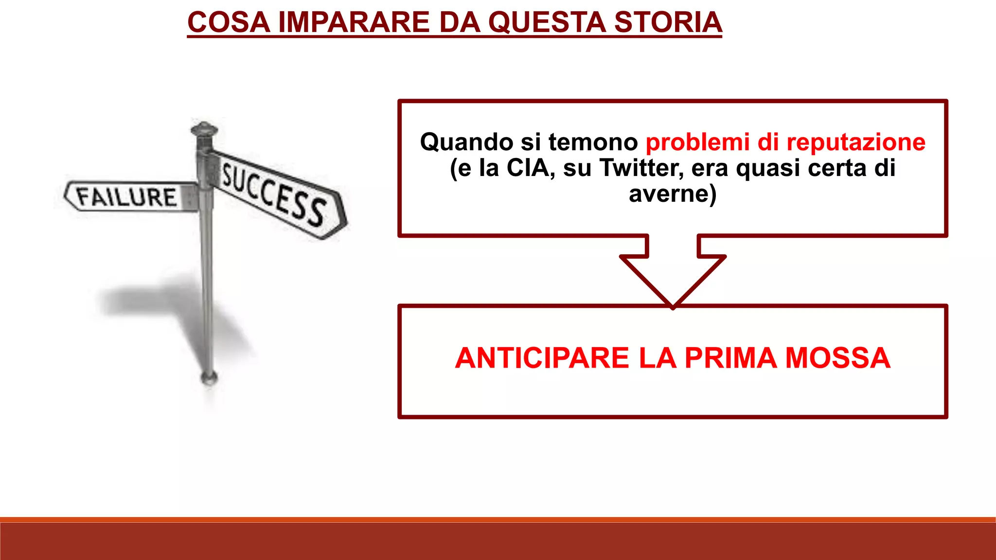 ANTICIPARE LA PRIMA MOSSA
Quando si temono problemi di reputazione
(e la CIA, su Twitter, era quasi certa di
averne)
COSA IMPARARE DA QUESTA STORIA
 