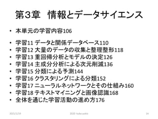 第３章 情報とデータサイエンス
• 本単元の学習内容106
• 学習11 データと関係データベース110
• 学習12 大量のデータの収集と整理整形118
• 学習13 重回帰分析とモデルの決定126
• 学習14 主成分分析による次元削減136
• 学習15 分類による予測144
• 学習16 クラスタリングによる分類152
• 学習17 ニューラルネットワークとその仕組み160
• 学習18 テキストマイニングと画像認識168
• 全体を通じた学習活動の進め方176
2021/1/19 2020 kubo yukio 14
 