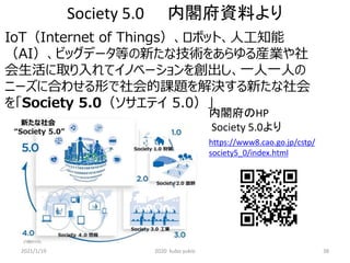 Society 5.0 内閣府資料より
2021/1/19 2020 kubo yukio 38
IoT（Internet of Things）、ロボット、人工知能
（AI）、ビッグデータ等の新たな技術をあらゆる産業や社
会生活に取り入れてイノベーションを創出し、一人一人の
ニーズに合わせる形で社会的課題を解決する新たな社会
を「Society 5.0（ソサエテイ 5.0）」
https://www8.cao.go.jp/cstp/
society5_0/index.html
内閣府のHP
Society 5.0より
 