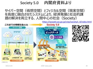 Society 5.0 内閣府資料より
2021/1/19 2020 kubo yukio 39
サイバー空間（仮想空間）とフィジカル空間（現実空間）
を高度に融合させたシステムにより、経済発展と社会的課
題の解決を両立する、人間中心の社会（Society）
https://www8.cao.go.jp/cstp/society5_0/index.html
 