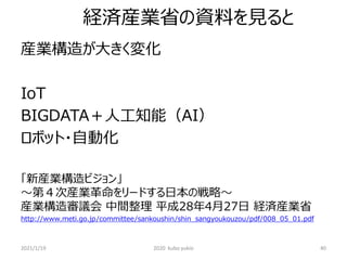 経済産業省の資料を見ると
産業構造が大きく変化
IoT
BIGDATA＋人工知能（AI）
ロボット・自動化
「新産業構造ビジョン」
～第４次産業革命をリードする日本の戦略～
産業構造審議会 中間整理 平成28年4月27日 経済産業省
http://www.meti.go.jp/committee/sankoushin/shin_sangyoukouzou/pdf/008_05_01.pdf
2021/1/19 2020 kubo yukio 40
 