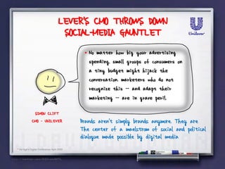 LEVER'S CMO THROWS DOWN
                                     SOCIAL-MEDIA GAUNTLET
                                            * No matter how big your advertising
                                              spending, small groups of consumers on
                                              a tiny budget might hijack the
                                              conversation. marketers who do not
                                              recognize this -- and adapt their
                                              marketing -- are in grave peril.

             SIMON CLIFT
            CMO - UNILEVER                 Brands aren't simply brands anymore. They are
                                           The center of a maelstrom of social and political
                                           dialogue made possible by digital media
* Ad Age's Digital Conference April 2009
 