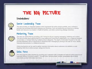 THE BIG PICTURE
Stakeholders:
Senior Leadership Team
The web provides an integrated platform which represents the entire product portfolio, and a vehicle to
promote over-arching/cross-brand initiatives and directives. Such as positioning your brand as a culinary
leader and resource, as a leader in Health & Nutrition, and other overarching strategic directives


Marketing Team
The web can extend ROI by providing a 24-7 home for all your ongoing messaging, initiatives and content.
The web provides great opportunities for cross-selling and cross-brand collaboration: e.g. a Segment targeted
co-promotion, or recipes featuring multiple product categories. The depth of information housed on the web
provides Marketers with an opportunity to streamline their messaging by driving to the web for more: details,
interaction/demos/tools in a collateral execution.

Online touchpoints can be used to gather important information about customers (via statistics, e-mail
targeting /click thru’s online surveys, ratings and forums.


Sales Force
The web supports sales activities by providing your customers with a valuable and relevant online resource for
business,culinary, & product support. Through tools, menuing ideas, recipes, presentation tips & ideas,
promotions, product information and more.
 
