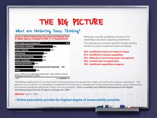 THE BIG PICTURE
 What are Marketing Execs Thinking?
                                                                      McKinsey recently published a study of 410
                                                                      marketing executives regarding investment.
                                                                      The executives surveyed reported that the primary
                                                                      barriers to online investment were as follows:

                                                                      52%   insufficient metrics to measure impact
                                                                      41%   Insufficient in-house capabilities
                                                                      33%   Difficulty of convincing upper management
                                                                      24%   Limited reach of digital tools
                                                                      18%   insufficient capabilities at agency




“Marketing is getting back to our key function: driving business and opportunity to sales and owning the customer experience.” The
pressure is on, however, for marketers to contribute to the bottom line. Management is demanding that marketers grow market share
and improve operational efficiencies. Read: more accountability. That is probably why Website development and digital
marketing topped the list of agency changes for 2009. “
eMarketer April 6, 2009

• Online executions provide the highest degree of measurability possible.
 