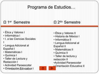Programa de Estudios…


Ω 1er Semestre                    Ω 2do Semestre

• Ética y Valores I               • Ética y Valores II
• Informática I                   • Historia de México I
• I. a las Ciencias Sociales      • Informática II
I                                 • Lengua Adicional al
• Lengua Adicional al             Español II
Español I                         • Matemáticas II
• Matemáticas I                   • Química II
• Química I                       • Taller de lectura y
• Taller de Lectura y             redacción II
Redacción I                       •Actividad Paraescolar
• Actividad Paraescolar           • Orientación Educativa II
• Orientación Educativa I
       Plantel 9 Teapa, Tabasco
 