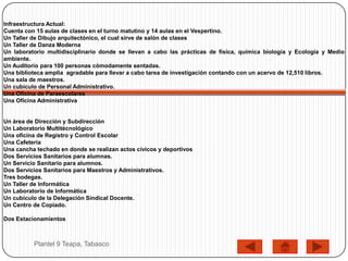Infraestructura Actual:
Cuenta con 15 aulas de clases en el turno matutino y 14 aulas en el Vespertino.
Un Taller de Dibujo arquitectónico, el cual sirve de salón de clases
Un Taller de Danza Moderna
Un laboratorio multidisciplinario donde se llevan a cabo las prácticas de física, química biología y Ecología y Medio
ambiente.
Un Auditorio para 100 personas cómodamente sentadas.
Una biblioteca amplia agradable para llevar a cabo tarea de investigación contando con un acervo de 12,510 libros.
Una sala de maestros.
Un cubículo de Personal Administrativo.
Una Oficina de Paraescolares
Una Oficina Administrativa


Un área de Dirección y Subdirección
Un Laboratorio Multitécnológico
Una oficina de Registro y Control Escolar
Una Cafetería
Una cancha techado en donde se realizan actos cívicos y deportivos
Dos Servicios Sanitarios para alumnas.
Un Servicio Sanitario para alumnos.
Dos Servicios Sanitarios para Maestros y Administrativos.
Tres bodegas.
Un Taller de Informática
Un Laboratorio de Informática
Un cubículo de la Delegación Sindical Docente.
Un Centro de Copiado.

Dos Estacionamientos



          Plantel 9 Teapa, Tabasco
 