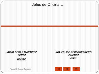 Jefes de Oficina…




JULIO CESAR MARTINEZ                     ING. FELIPE NERI GUERRERO
        PEREZ                                      JIMENEZ
                                                    MIXTO
          Mixto

  Plantel 9 Teapa, Tabasco
 