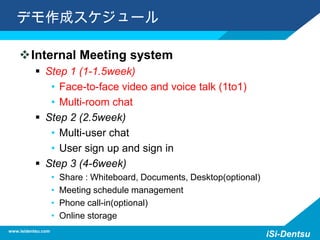 デモ作成スケジュール
Internal Meeting system
 Step 1 (1-1.5week)
• Face-to-face video and voice talk (1to1)
• Multi-room chat
 Step 2 (2.5week)
• Multi-user chat
• User sign up and sign in
 Step 3 (4-6week)
• Share : Whiteboard, Documents, Desktop(optional)
• Meeting schedule management
• Phone call-in(optional)
• Online storage
www.isidentsu.com
iSi-Dentsu
 