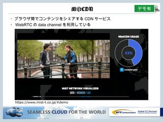 Copyright © NTT Communications Corporation. All rights reserved.
MistCDN
25
・ブラウザ間でコンテンツをシェアするCDNサービス
・WebRTCのdata channelを利⽤している
https://www.mist-t.co.jp/#demo
デモ有
 