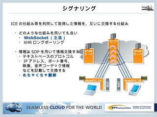 Copyright © NTT Communications Corporation. All rights reserved.
シグナリング
43
NAT
NAT
STUN
サーバ
Signaling
サーバ
STUN
サーバ
WebRTC Cli WebRTC Cli
ICEの仕組み等を利⽤して取得した情報を、互いに交換する仕組み
・どのような仕組みを⽤いても良い
・WebSocket（主流）
・XHRロングポーリング
・情報はSDPを⽤いて情報交換する
・テキストベースのプロトコル
・IPアドレス、ポート番号、
映像、⾳声コーデック情報
などを記載して交換する
・めちゃくちゃ難解
 