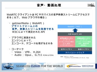 Copyright © NTT Communications Corporation. All rights reserved.
⾳声・動画処理
50
WebRTCクライアントはPCやデバイスの⾳声映像ストリームにアクセスでき
る（以下、Webブラウザの場合）
・getUserMedia（WebAPI）
プラットフォーム上の
⾳声、映像ストリームを取得できる
W3Cによって規定されたAPI
・ブラウザに実装された
エンジンによって、
エンコード、デコード処理がなされる
・コーデック
・Video：VP8、H.264
・Audio：Opus、G.711 PCMA & PCMU
デバイスハードウェア
⾳声処理エンジン
コーデック
ジッタ/パケロス補正
エコー除去
ノイズリダクション
映像処理エンジン
コーデック
ジッタ/パケロス補正
⾳声・動画同期
画像補正
⾳声キャプチャ 動画キャプチャ
内部WebRTC API
WebAPI（W3C）
引⽤元：オライリー・ジャパン
「ハイパフォーマンスブラウザネットワーキング」 P.301
 