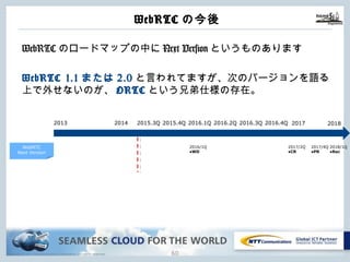 Copyright © NTT Communications Corporation. All rights reserved.
WebRTCの今後
59
WebRTCのロードマップの中にNext Versionというものあります
WebRTC 1.1または2.0と⾔われてますが、次のバージョンを語る
上で外せないのが、ORTCという兄弟仕様の存在。
WebRTC
Next Version
2013 2015.3Q 2015.4Q 2016.1Q 2016.2Q 2016.3Q 2016.4Q2014 2017
2016/1Q
●WD
2017/2Q
●CR
2017/4Q
●PR
2018/1Q
●Rec
2018
 